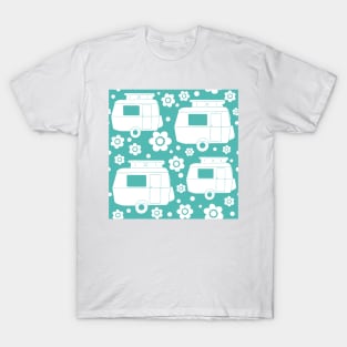 Daisy Polka Dot Vintage Caravan Pattern in Turquoise  and White T-Shirt